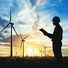 Clean Energy and Renewable Energy Theme. Clean Energy and Renewable Energy Theme. Clean Energy and Renewable Energy Theme. Silhouette of Engineer Inspecting Wind Turbines at Sunset