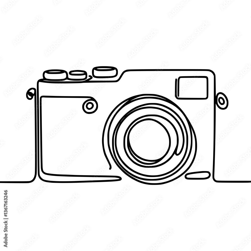 Poster minimalist line drawing of a camera on a transparent background