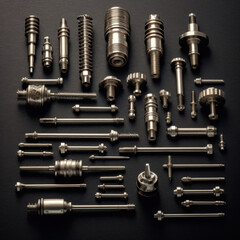 Set of metal nuts and bolts on white background with tools and industrial equipment