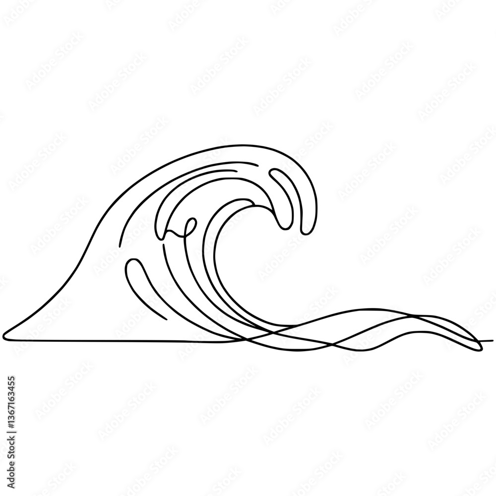 Poster continuous line drawing of a wave on a transparent background