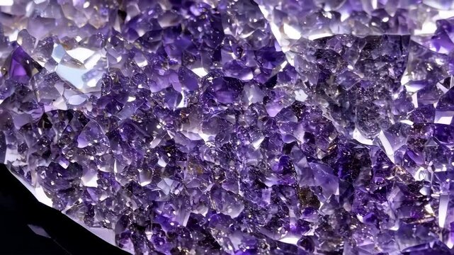 A close-up view of a cluster of Sugilite amethyst crystals, showcasing their vibrant purple hues and intricate facets. The light reflects off the surfaces, creating a sparkling effect.