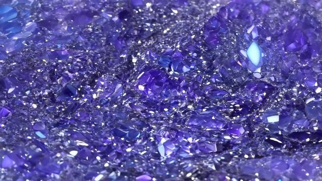 A close-up view of sparkling purple Sugilite gemstones, showcasing various shades of violet and amethyst. The surface is glimmering with light reflections, creating a luxurious and vibrant appearance.