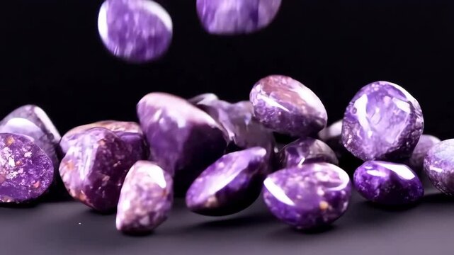 A collection of polished purple Sugilite stones scattered on a dark surface, some stones are falling, showcasing their shiny texture and unique patterns.