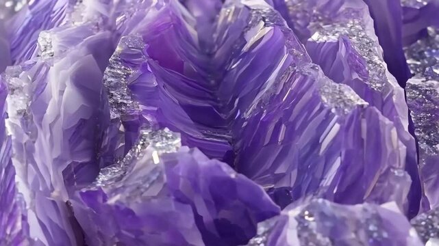 Close-up view of a stunning Sugilite amethyst geode, showcasing its vibrant purple hues and intricate crystalline formations. The light reflects off the facets, creating a sparkling effect.