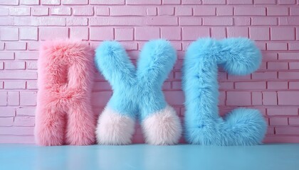 Fluffy letters A, X, J against pink brick wall.