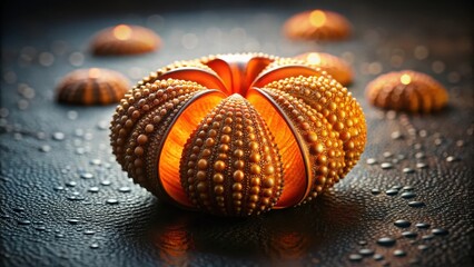 Fototapeta premium Illuminated Spiky Orb Arrangement on a Dark Wet Surface with Glowing Centers