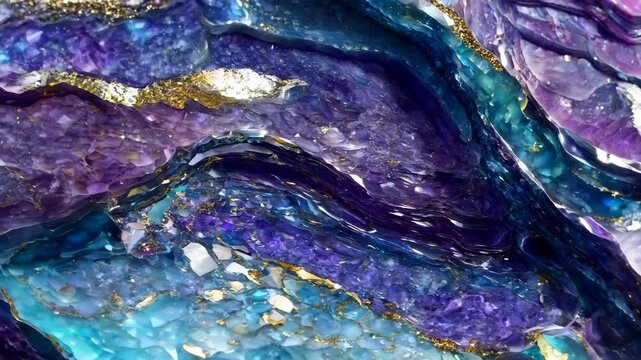 A close-up view of colorful Sugilite agate stone with rich purple, blue, and gold hues, showcasing intricate patterns and textures.