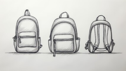 Pencil sketch of three backpacks