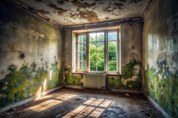 Obraz premium Sunlit Decay A Window to Nature in an Abandoned Room's Verdant Walls