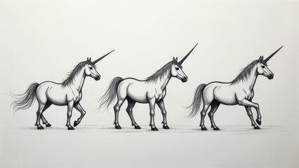 Three white unicorns in a row, black and white illustration
