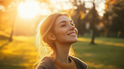 Portrait of a smiling woman in nature at sunrise, wearing a jacket and looking up with a happy expression