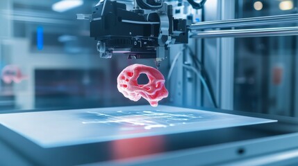 An AI powered 3D printer manufacturing custom prosthetics for patients, adjusting design based on real-time scans, glowing design interface