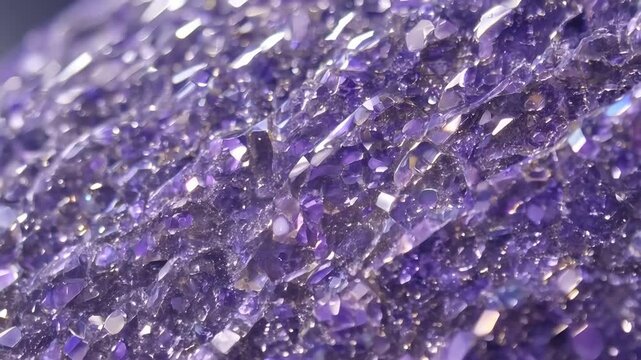A close-up view of a sparkling Sugilite amethyst geode, showcasing its rich purple hues and crystalline structure. The light reflects off the facets, creating a shimmering effect.