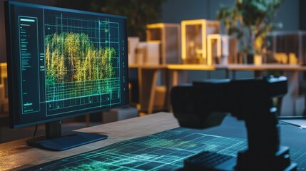 An AI powered 3D scanner mapping a real world environment, creating detailed models for virtual simulations, glowing scanning interface