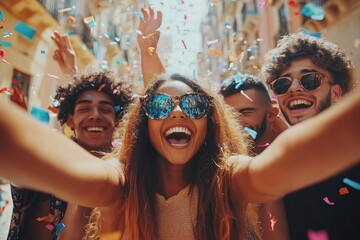 Happy multiracial young people celebrating party together outside - Group of university students having fun in college campus - Friendship concept with guys and girls hanging out on city
