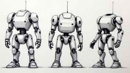 Three white robots in different poses, drawing