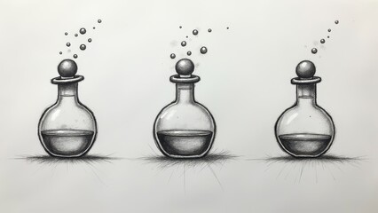 Three bubbling potion bottles in a drawing