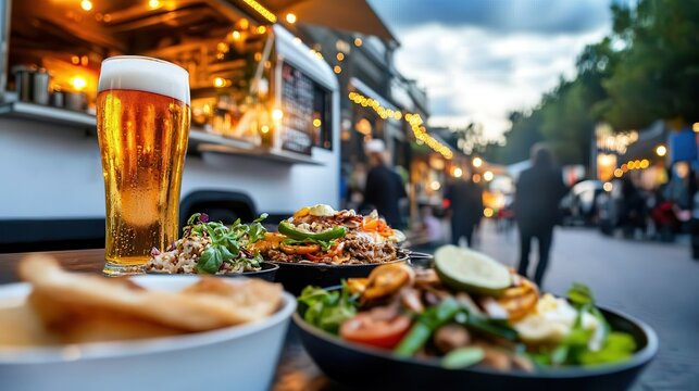 Food truck cuisine gourmet beer Vibrant outdoor dining scene with food and drinks at sunset.
