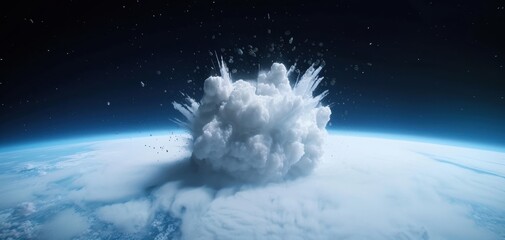 Dramatic explosion cloud against a backdrop of Earth and space.