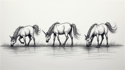 Three Unicorns Grazing by the Water