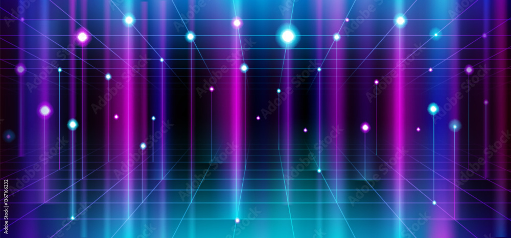 Poster abstract futuristic background - glowing neon lines grid with light dots, ai technology. bright blue