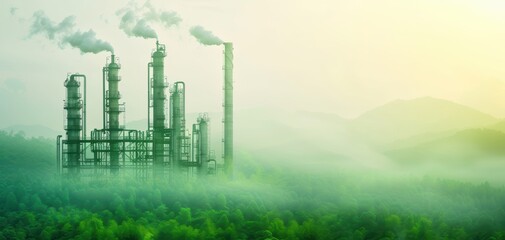 Fototapeta premium Industrial landscape with smokestacks amid lush greenery and mountains.