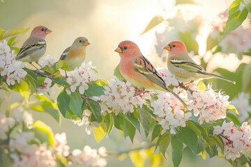 Fototapeta premium Colorful birds perched on blossoming branch in serene natural setting