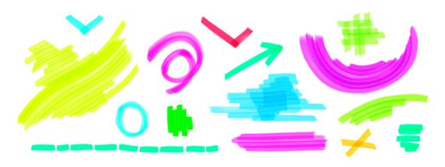 Neon color highlight marker strokes, brush lines set of bright drawing elements. Hand drawn graffiti style shapes, crosses, arrows and circles doodle on white background. Highlighter pen vector sketch