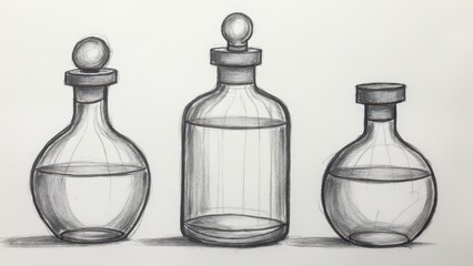 Pencil Drawing of Three Glass Bottles