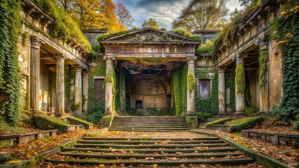 Overgrown Classical Ruins A Picturesque Autumnal Scene of a Timeworn Stone Structure with Ivy-Covered Columns and Fallen Leaves on the Steps