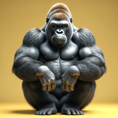 Fototapeta premium A powerful gorilla sits upright against a yellow background, showcasing strength, calmness, and intense focus. Majestic and dominant pose in a studio setting