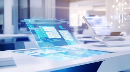 An AI powered automated document scanning system organizing files in a corporate office, analyzing and categorizing data in real-time, glowing scanning interface