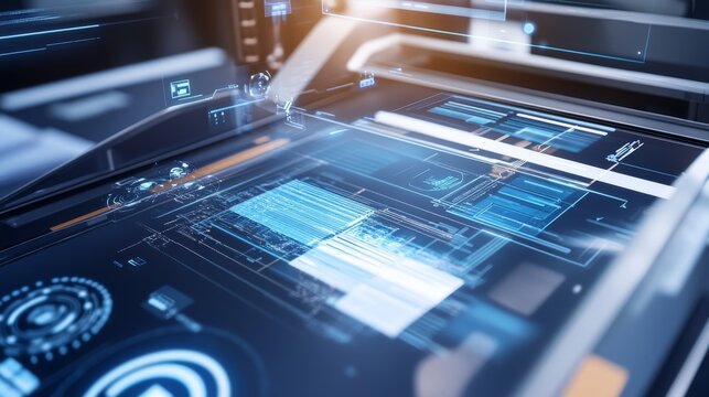 An AI powered automated document scanning system organizing files in a corporate office, analyzing and categorizing data in real-time, glowing scanning interface