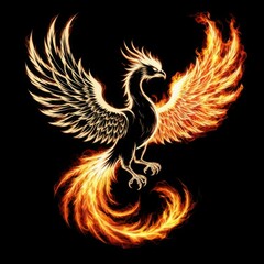 A phoenix silhouette with a fiery aura around its body on a pure black background (artistic).. Generated AI