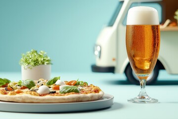 Food truck cuisine gourmet beer Delicious pizza and beer with a vibrant backdrop.