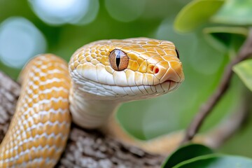 Obraz premium Yellow mangrove pit viper resting on a branch in its natural habitat
