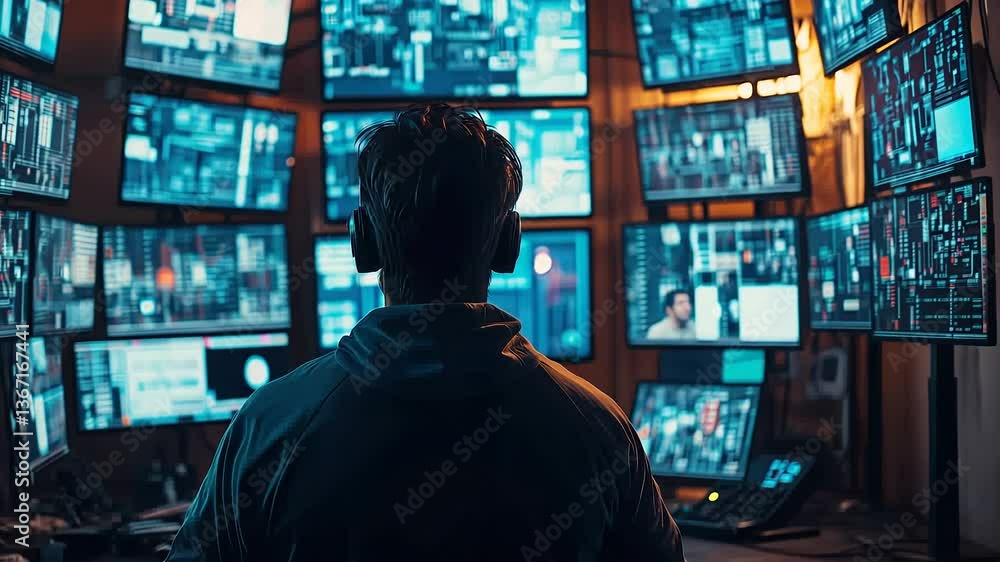 Poster Focused automation technician monitors multiple screens displaying real-time production data in a busy control room. The digital environment is filled with vibrant screens and intricate designs.