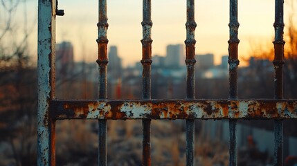 Rusty metal gate with blurred city skyline at sunset.