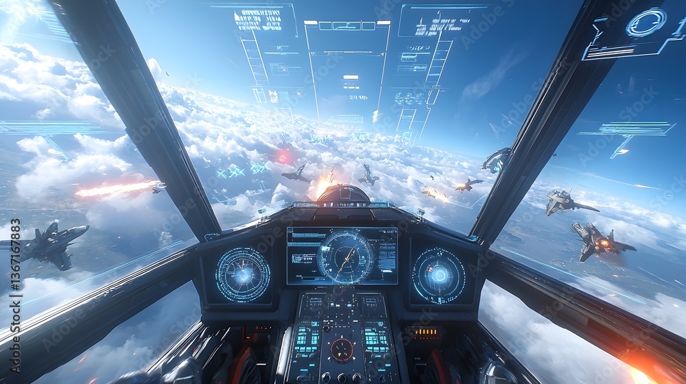 Poster intense and cinematic first person perspective of an epic space combat scenario within a cutting edg