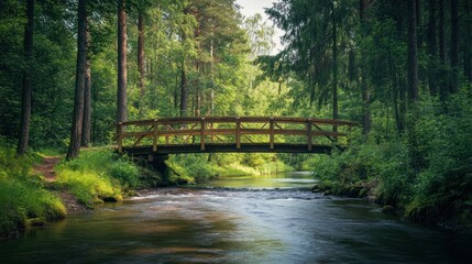 Obraz premium Idyllic Forest River Crossing: A Serene Wooden Bridge in Emerald Greenery