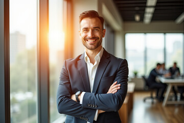 Fototapeta premium Confident Entrepreneur Smiling in Modern Office with natural sunlight streaming through large windows