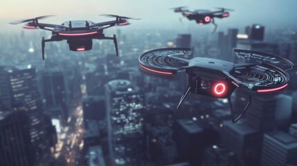 An AI powered autonomous aerial delivery system transporting goods through a busy urban skyline, glowing navigation systems, sleek drone design