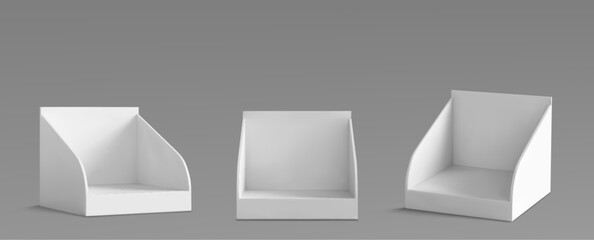 White cardboard point of sale display stands - countertop holders in different angles of view for retail product advertising, promotion. 3d blank pos poi mock up isolated on gray background.