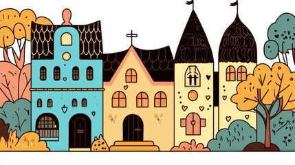 Obraz premium Charming Village Autumn Illustration with Colorful Houses and Church