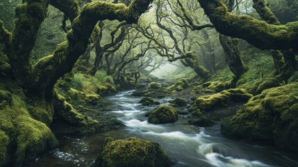 Enchanted stream flowing through a vivid green forest, moss covered landscape