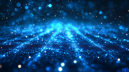 Abstract Blue Bokeh Lights Background with Sparkling Particles and Depth of Field