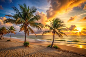 Obraz premium Serene tropical beach sunrise with palm trees swaying gently in the warm ocean breeze