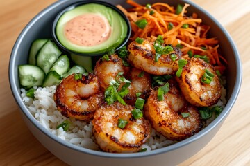 Fototapeta premium Delicious shrimp poke bowl with rice, cucumber, carrots, avocado and spicy mayo dressing