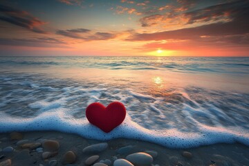Fototapeta premium Red heart plush on a pebble beach as the ocean waves roll in at sunset. Use for love, romance, travel, relationship, or Valentine's Day concepts.