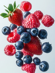 Fresh mix of blueberries, raspberries, and strawberries on a white background
